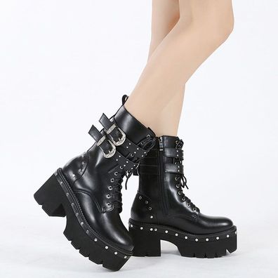 Damen Stiefeletten Schnalle Motorrad Gothic Schuh Biker Punk Blockabsatz Plateau