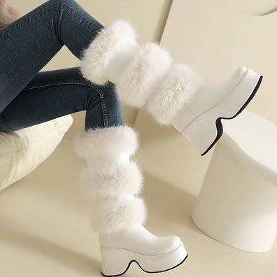 Damen Schneestiefel Blockabsatz Plateau Kniehoch Stiefel Winter Warm Schuhe Pump
