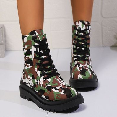 Punk Camo Riding Damen Stiefeletten Stiefel Schuhe Schnurung Blockabsatz Pumps