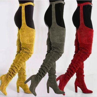Damen Spitz Blockabsatz Over Knee Schenkelhoch Stiefel Schuhe High Heels Party