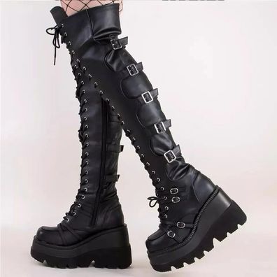 Damen Keilabsatz Plateau Reibverschluss Punk Biker Over Knee Stiefel Schuhe Pump