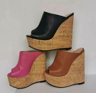 Damen Keilabsatz Pumps Plateau Pantoletten High Heels Hausschuhe Peep Sandalen