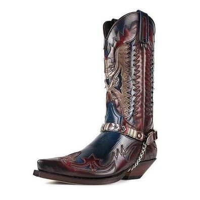 Herren Neu Kunstleder Bestickt Metallkette Halbhoch Western Cowboy StiefelSchuhe
