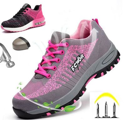 Damen Sicherheitsschuhe Rosa Arbeitsschuhe Licht Atmungsaktiv Stahlkappe Sneaker