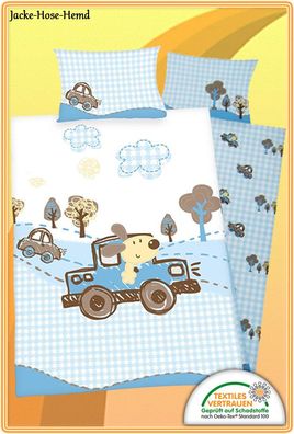 Babybettwäsche Hund im Auto Wolken Bäume Blau Weiß Baumwolle Gr. 100x135cm NEU