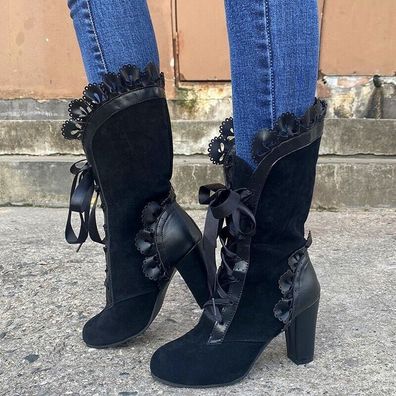 Damen Blockabsatz Schnurung Pumps Cowboy Wadenlange Stiefel Party Lolita Schuhe
