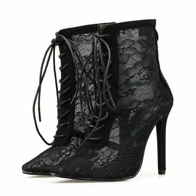 Sexy Damen Netzgewebe Sandalen High Heels Spitz Zehen Schnurschuhe Stiefeletten