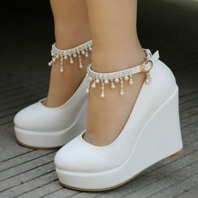 Damen Hochzeit Braut Keilabsatz Schuhe Knochel Band Quasten Perle Strass Plateau