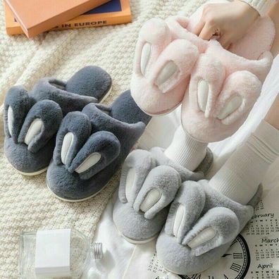 Damen Herren Kunstpelz Flauschig Bunny Ohr Slipper Hausschuhe Fell Gefuttert