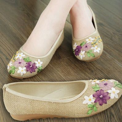 Ethnisch Damen Flache Absatz Schuhe Bestickt Blumen Weiche Sohle Slipper Komfort