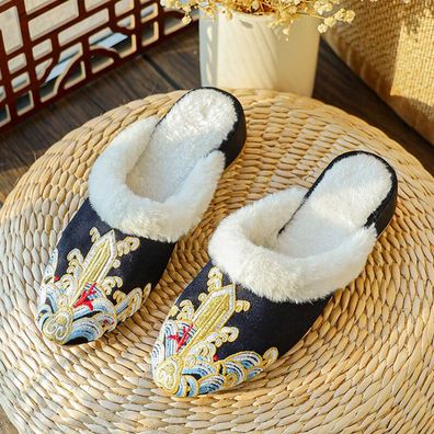 Damen Innen Hausschuhe Fleecefutter Schuhe Warm Kunstpelz Rand Bestickt Retro