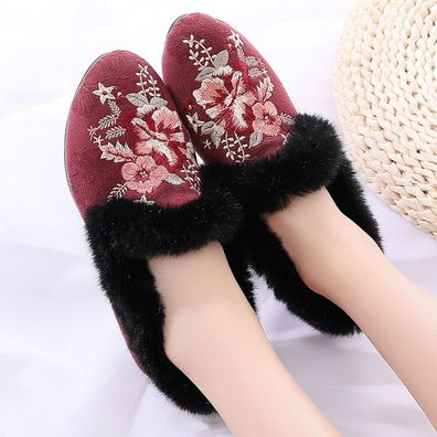 Damen Warme Hausschuhe Fleecefutter Rand Kunstpelz Bestickt Freizeit Ethno Shoes