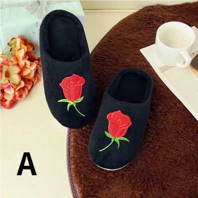 Damen Hausschuhe Bestickt Rose Blume Verzierung Plusch Flach Drinnen Haus Schuhe