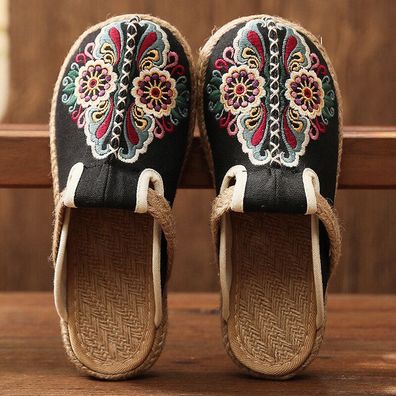 Ethnisch Damen Blumenmuster Stickerei Leinen Pantoffeln Gewebe Sohle Flat Sandal