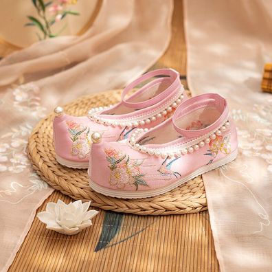 Kinder Madchen Chinesisch Schuhe Perlen Bestickt Blume Rutschfest Ethnisch Retro