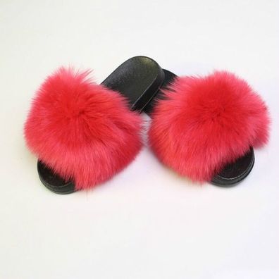 Damen Kunstpelz Hausschuhe Flauschige Bunte Flache Sandalen Schuhe Komfort Mode