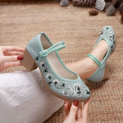 Damen Bestickt Blumenmuster Schnalle Schuhe Blockabsatz Knochelriemen Rund Retro