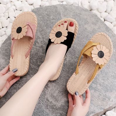 Damen Zehentrenner Open Toe Hausschuhe Blume Flach Sandalen Sommer Strand Schuhe