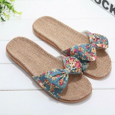 Sommer Damen Flache Innen Hausschuh Leinen Sohle Blumenmuster Bowknot Sandal Neu