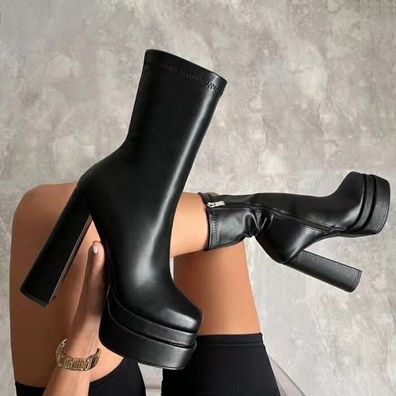 Damen Punk Stiefeletten Blockabsatz Plateau Reibverschluss High Heel Pump Schuhe