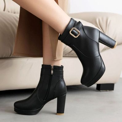 Damen Blockabsatz Stiefeletten Gothic Schnalle Reibverschluss Plateau Schuhe