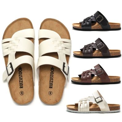 Herren Damen Pantoletten PU Sandalen Korksohle Fubbett Hausschuhe Slipper