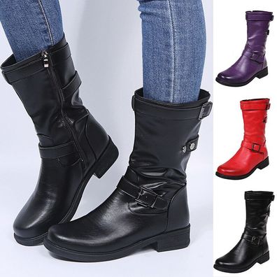 Damen Stiefel Nieten Biker Freizeit Schnalle Niedrig Absatz Schuhe Grobe