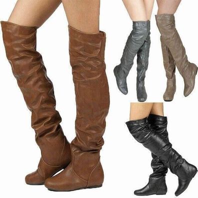 Damen Flach Oberschenkel Over Knee Stiefel Slouch Flache Kunstleder Schuhe