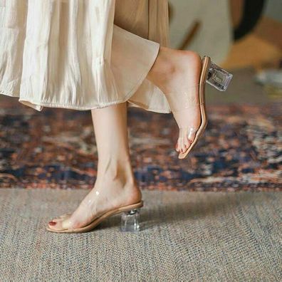 Damen Blockabsatz Slingback Transparent Pumps Sandalen Slip On Hausschuhe Pumps