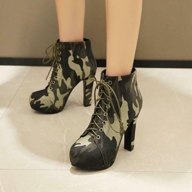Camo Punk Damen Stiefeletten Blockabsatz Plateau Schnurung Pumps Schuhe Sexy