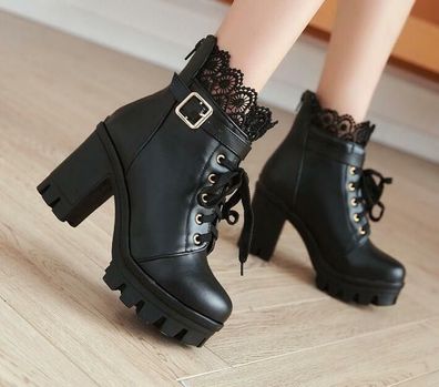 Damen Stiefeletten Punk Biker Stiefel Blockabsatz Plateau Schnurung Pumps Schuhe