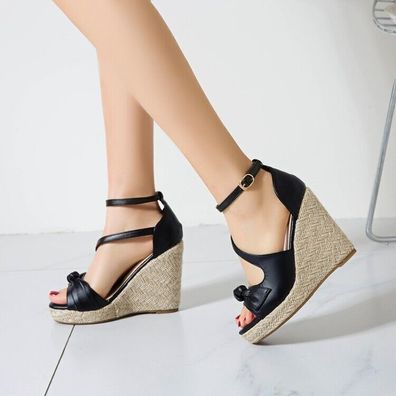 Damen Keilabsatz Plateau Knochelriemen Riemen Schnalle Sandalen Schuhe Pumps