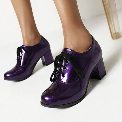 Retro Damen High Heel Pumps Blockabsatz Schnurung Schuhe Lackleder Party Prom