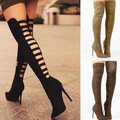 Damen Spitz Stilettoabsatz Hollow Out High Heel Schenkelhoch Stiefel Schuhe Pump
