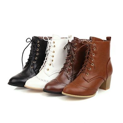 Damen Stiefeletten Stiefel Blockabsatz Schnurung Brogue Pumps High Heel Schuhe