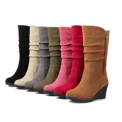 Damen Stiefeletten Biker Wadenlange Stiefel Falten Keilabsatz Plateau Schuhe