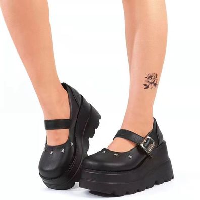 Punk Mary Jane Gothic Cosplay Damen Keilabsatz Plateau Pumps Knochelriemen Schuh
