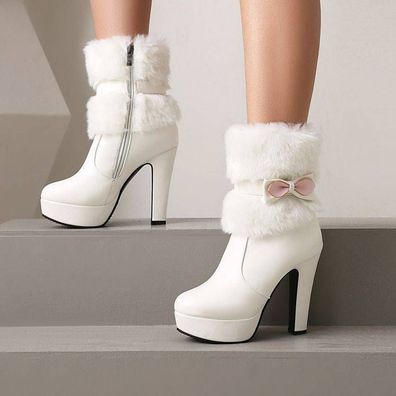 Lolita Princess Furry Damen Stiefeletten Schneestiefel Blockabsatz Plateau Schuh