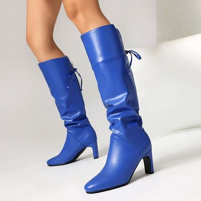 Damen Cowboy Punk Kniehoch Stiefel Spitz Blockabsatz Schnurung Pumps Schuhe
