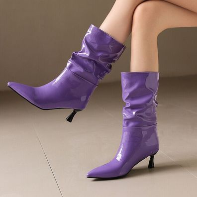 Damen Stiefeletten Spitz Stilettoabsatz Lackleder Shiny Leather Pull On Schuhe