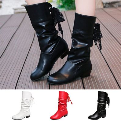 Damen Mid Calf High Boots Schlupf Slouch Falten Flach schuhe Stiefeletten