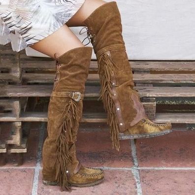 Damen Suede Tassel Knee High Stiefel Buckle Strap Winter Shoes Boho Schuhe