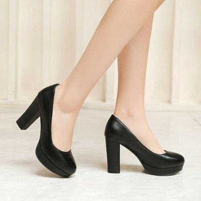 Damen Blockabsatz Plateau Slip On High Heels Ol Party Sandalen Schlupf Schuhe