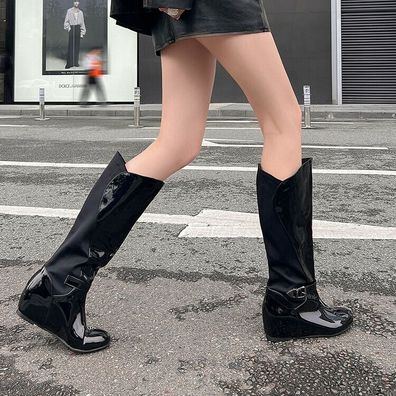 Damen Riding Biker Kniehoch Stiefel Lackleder Pumps Schnalle Schuhe Pumps Party