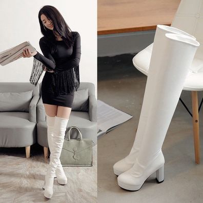 Damen Over Knee Stiefel High Heels Blockabsatz Plateau Nachtclub Schuhe G891