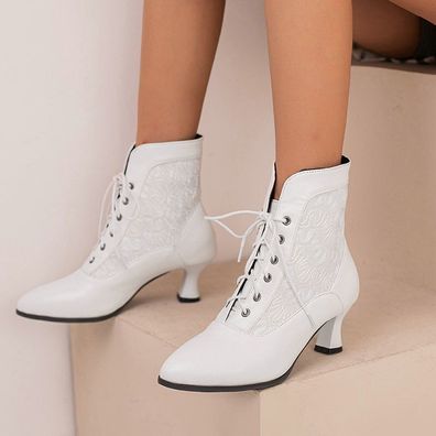 Retro Damen Stiefeletten Stiefel Blockabsatz Schnurung Chelsea Schuhe Pumps