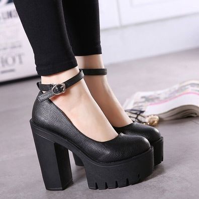 Damen Mary Jane Dress Pump Sandalen Knochelriemen Blockabsatz Plateau Ol Schuhe