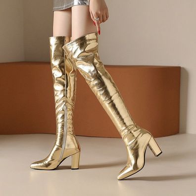 Damen Over Knee Spitz Stiefel High Heel Pumps Blockabsatz Nachtclub Schuhe Boots