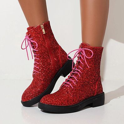 Glitter Riding Chelsea Damen Stiefeletten Blockabsatz Schnurung Schuhe Pumps