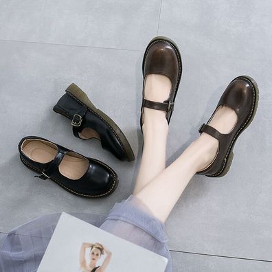 Damen Flats Shoes Round Toe Low Heel Oxfords Ankle Strap Preppy Style Mary Jane